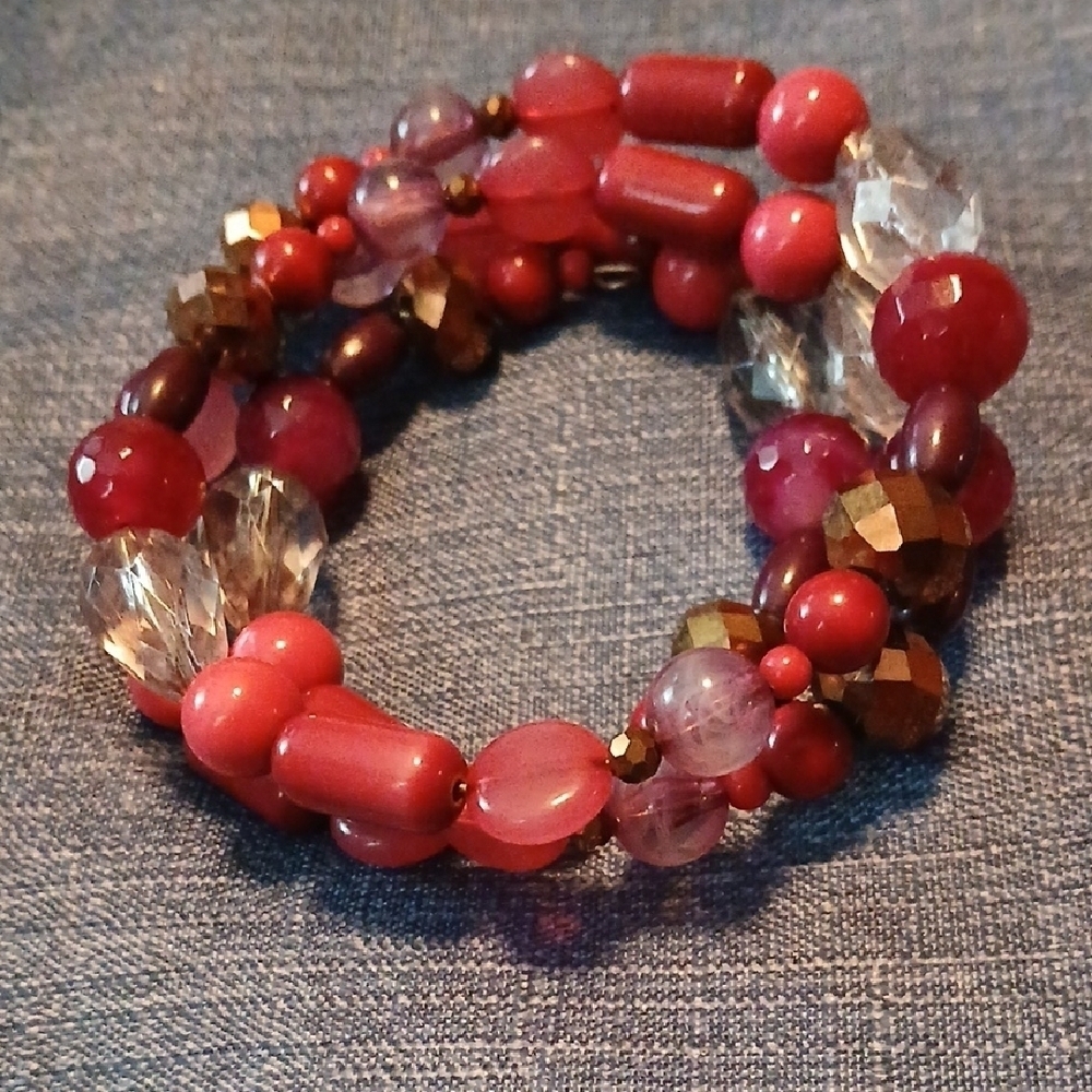 Red and Pink Beaded Bracelet with Sparkling Accents . One Size Fits Most